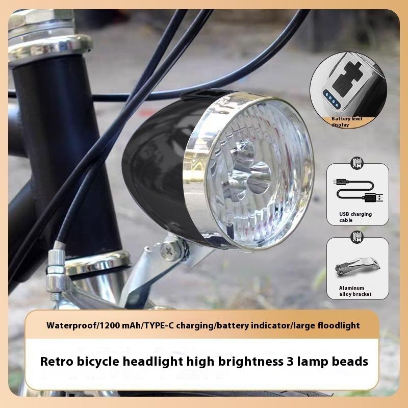 3LED Retro Bicycle Headlight Type-C Charging Vintage Classic Bikes HeadLamp 3 Light Modes Front Light Cycling Accessories