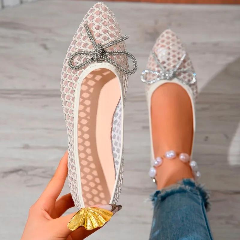 Spring New Flat Shoes Women's Pointed Head Shallow Mouth Mesh Fabric Breathable Butterfly Knot Soft Sole Non-slip Single Shoes