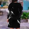 Women Plus Size V Neck Long Sleeve Black White Printed Fitted Straight Midi Dress