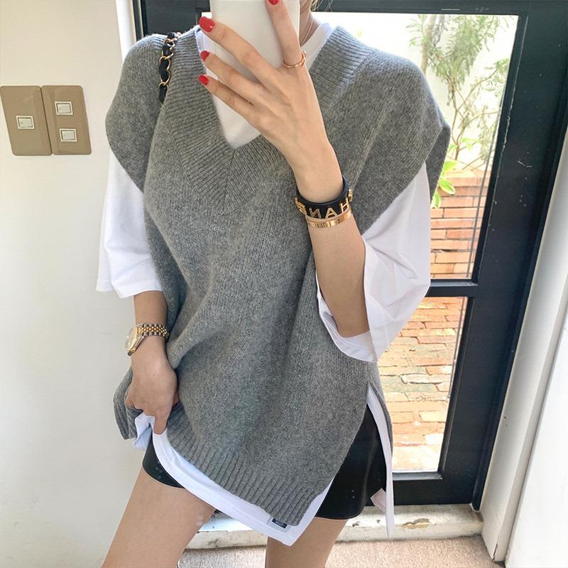 Autumn and Winter Loose Knitted Sweater Vest Women Thick Sleeveless Casual Pullover Sweater Vests Office Lady Elegant Solid Knitwear Waistcoat 25333
