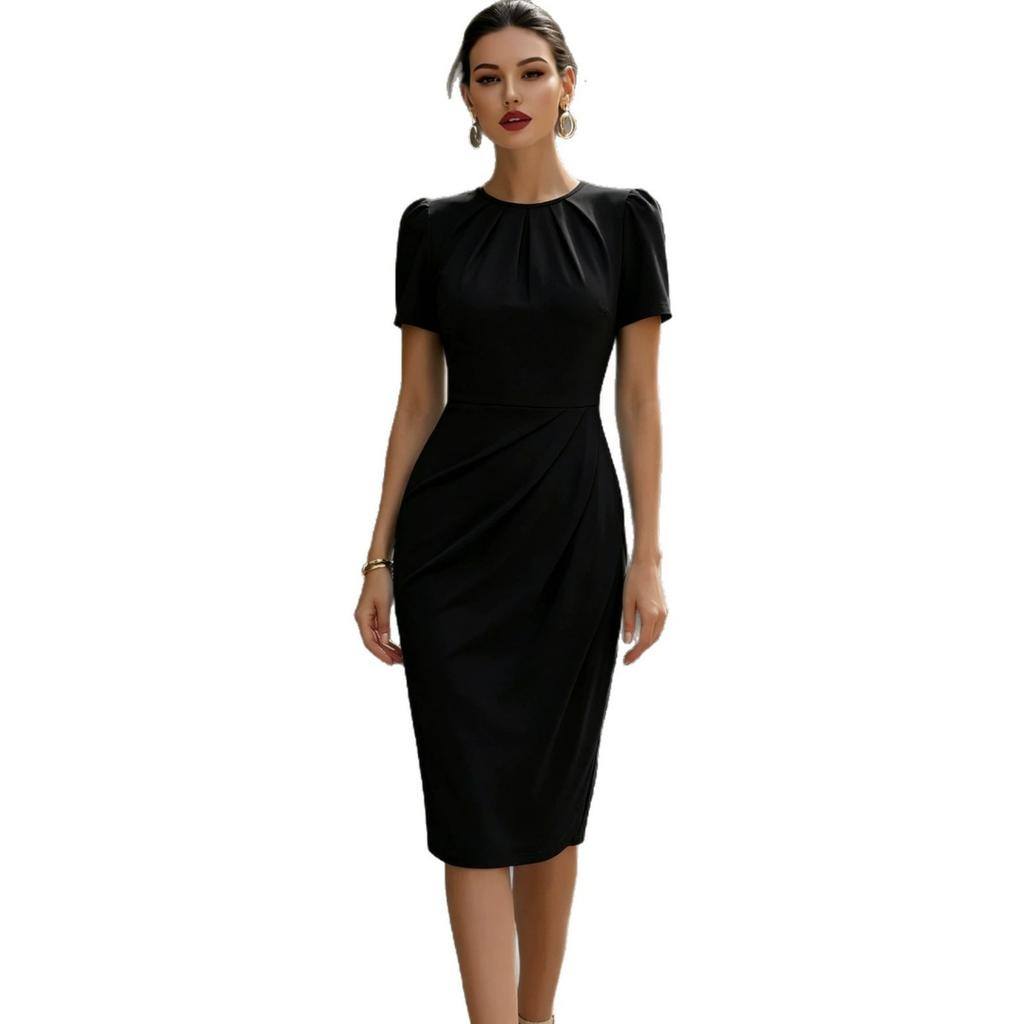 Vestido Midi Tubo Formal de Oficina para Mujer, con Mangas Abullonadas y Cintura Fruncida, Cuello Redondo, Bodycon, Tallas S-2XL