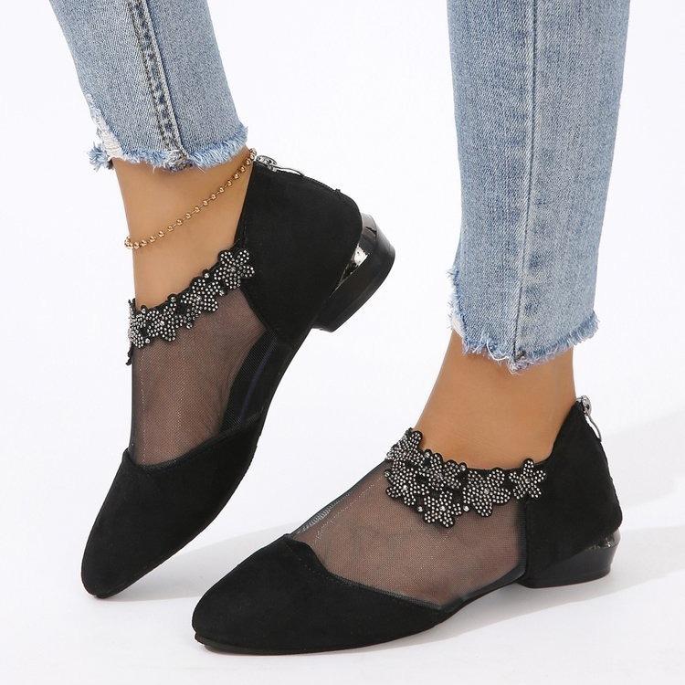 Rhinestone Sandals Women's Mesh Shoes Medium Heel Low Heel Flat Bottom Bag Head Single Shoes Women's Breathable Women's Shoes