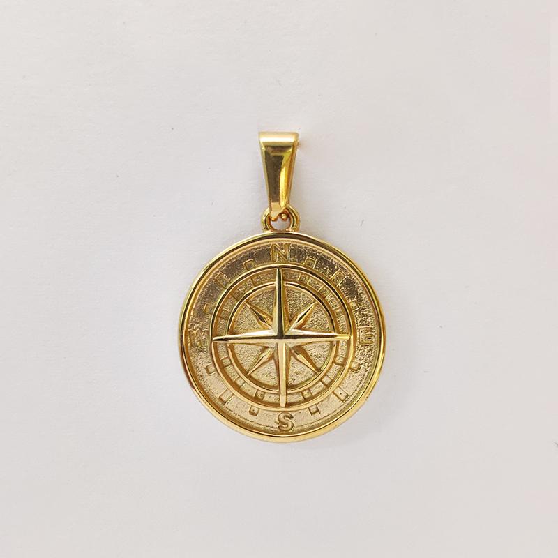 18K Gold Plated Stainless Steel Compass Pendant Necklace - Round Coin Design for Men & Women, Waterproof Unisex Jewelry Gift