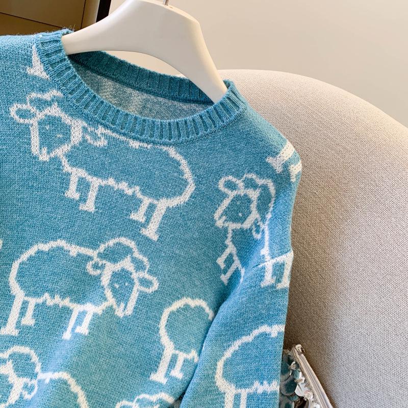 New Spring 2026 Korean-Style Cartoon Knit Sweater - Loose Fit, Round Neck, Large Size for Women