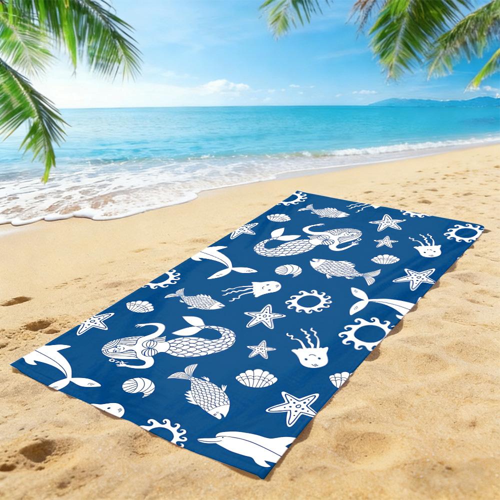 Mermaid & Sea Creature Beach Towel – Oversized Quick Dry Sand Free with Hand-Drawn Ocean Print