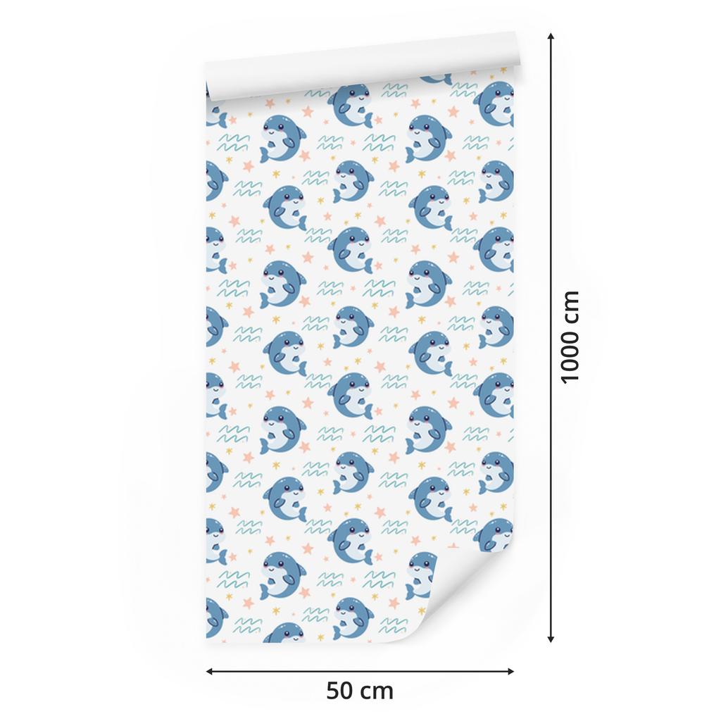 Dolphins Wallpaper White and Azure for Living Room and Bedroom 50x1000