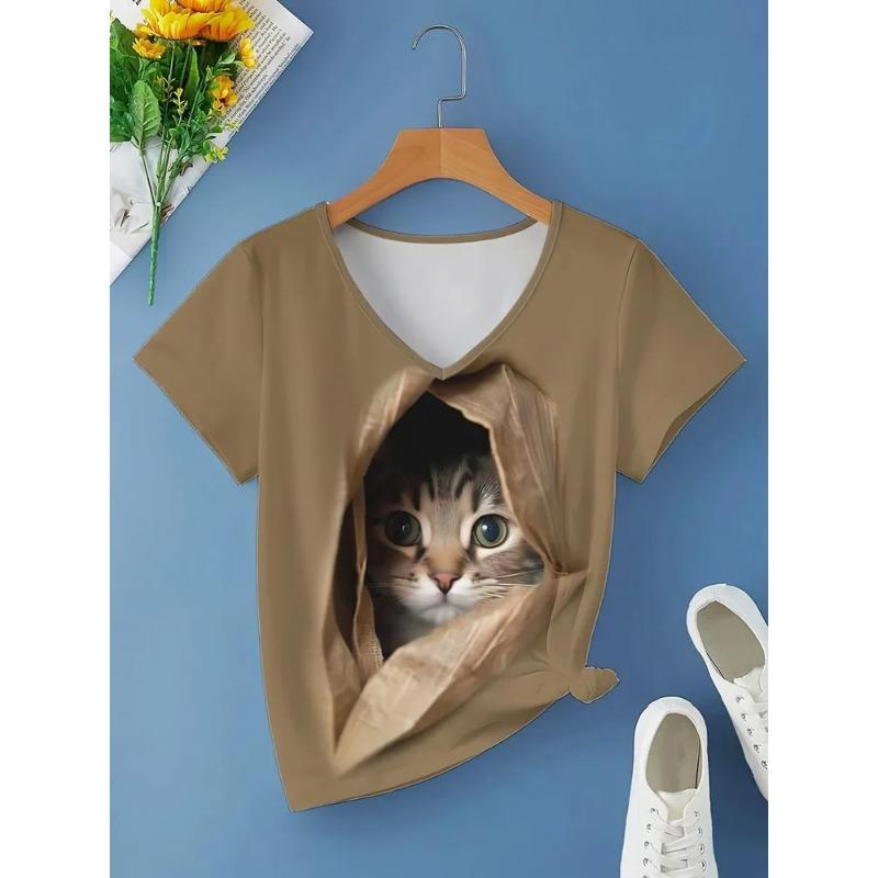 3D Printed Women's V-neck T-shirt with Kitten Pattern Versatile Summer Fresh Women's Edition T-shirt Breathable Machine Washed Outdoor Top
