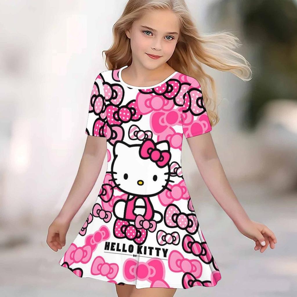 Girls 3D Print Dresses Kids Girl Party Short Sleeve Princess Dress Tank 3D  Moe Cartoon  Print Dress