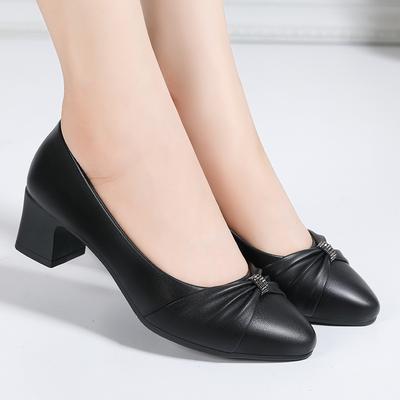 Mom Shoes Spring and Autumn Soft Leather Single Shoes Soft Sole Round Head Women's Shoes Medium Heel Thick Heel Ladyshoes Shallow Mouth