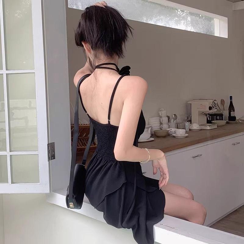 V Neck Y2k Women Dresses Solid Black Flowers Vintage Spring Summer Vestidos Mujer Fashion High Waist Sexy Mini Dress