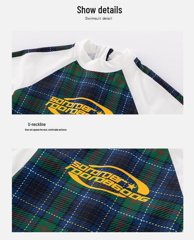 Children's Long Sleeve Plaid Patchwork One-Piece Swimsuit - Quick-Drying Swimwear for Beach & Holiday