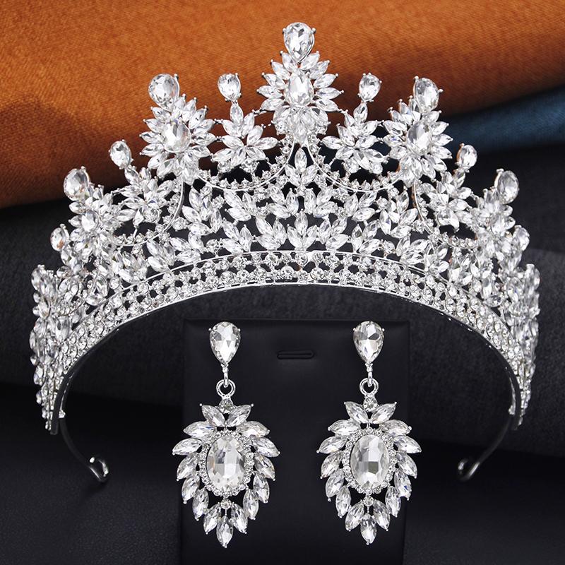 2 Pcs Opal Green Crown and Earrings Sets Royal Queen Tiaras Set for Wedding Hair Jewelry Party Prom Diadem Pageant Bridal