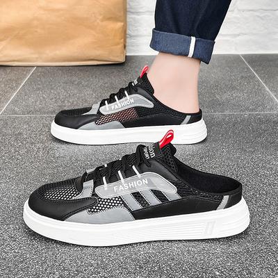 Black Mesh Half Shoes For Men Lace Up Mules Male Sandals Summer Backless Loafers Slippers Man Slides 2025 Casual Driving Shoes