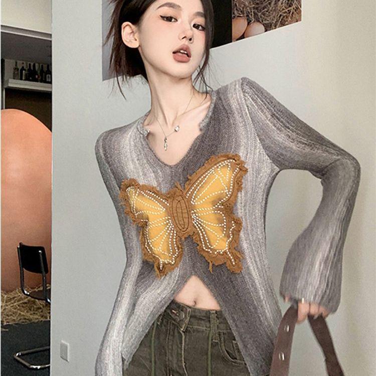 Butterfly Design Slim Fit Long Sleeve Knitted Sweater for Women - Autumn Collection
