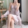 2025 Satin Spring/Autumn Pajamas: Sexy Women's Nightdress & Lace Homewear Set with Chest Pad In Ice Silk