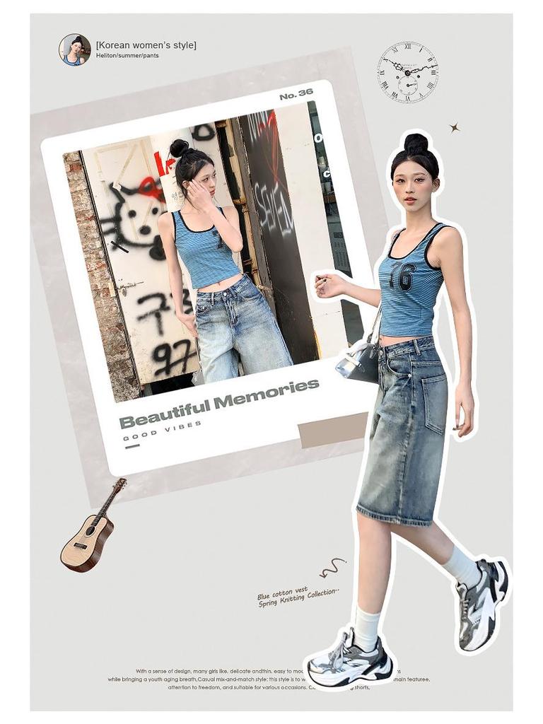 2025 Spring/Summer American Retro High-Waisted Distressed Denim Mid-Length Women's Shorts, Versatile Loose Wide-Leg 5-Point Pants
