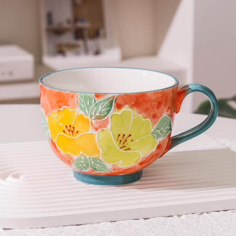 

Embossed pure hand-painted ceramic cup beautiful large capacity breakfast cup high value flower tea cup milk oatmeal cup 500ml зелений