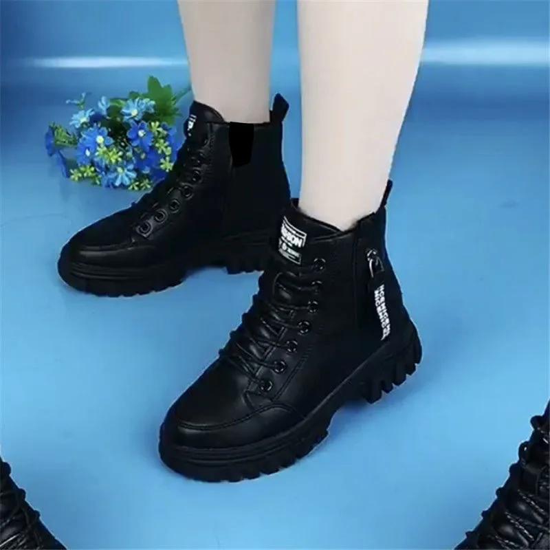 Mode 2024 Zacht Leer Warm Comfortabel Korte Laarzen Platform Sneeuwlaarzen Britse Stijl Winter Casual Katoenen Schoenen Botas Mujer Tênis