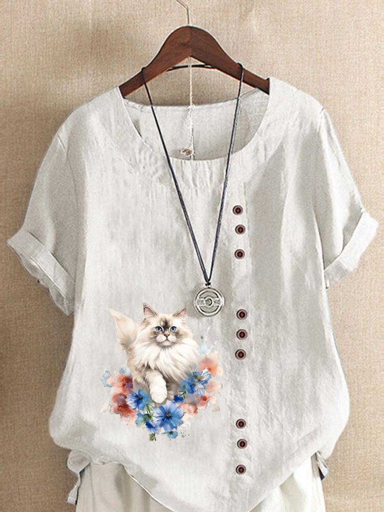 Women's Fashion Cute Cat Print Round Neck Short Sleeve T-shirt Summer Casual Cotton Linen Graphic Shirt Leisure Loose Blouse Tops