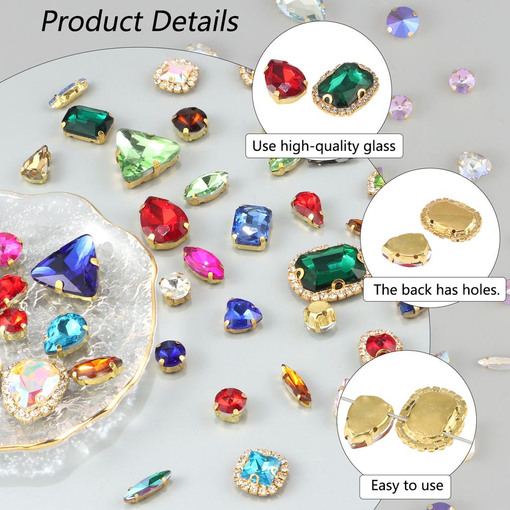 Sew On Rhinestones, Choupee 50PCS Sew On Glass Rhinestone Metal Back Prong Setting Sewing Claw Rhinestone Mixed Shapes