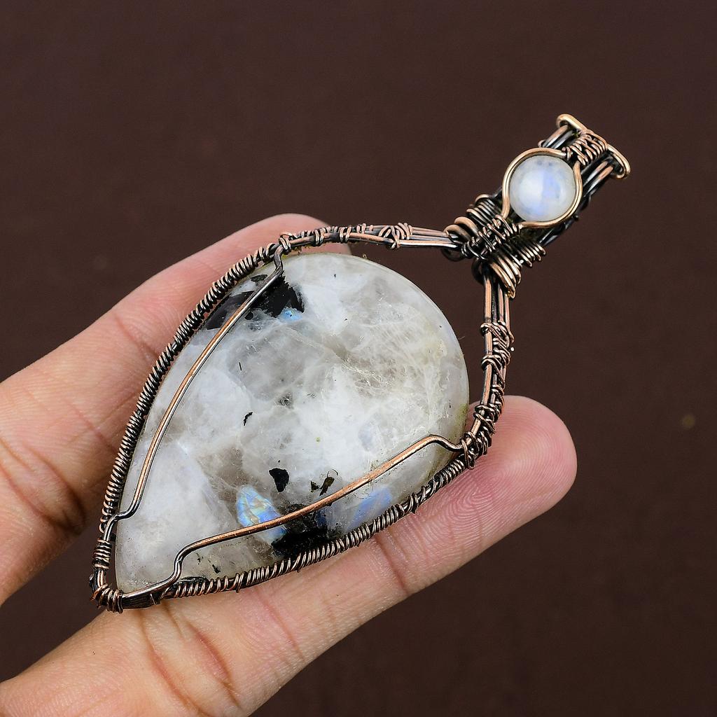 Rainbow Moonstone Gemstone Copper Wire Wrap Jewelry Pendant 3.54"