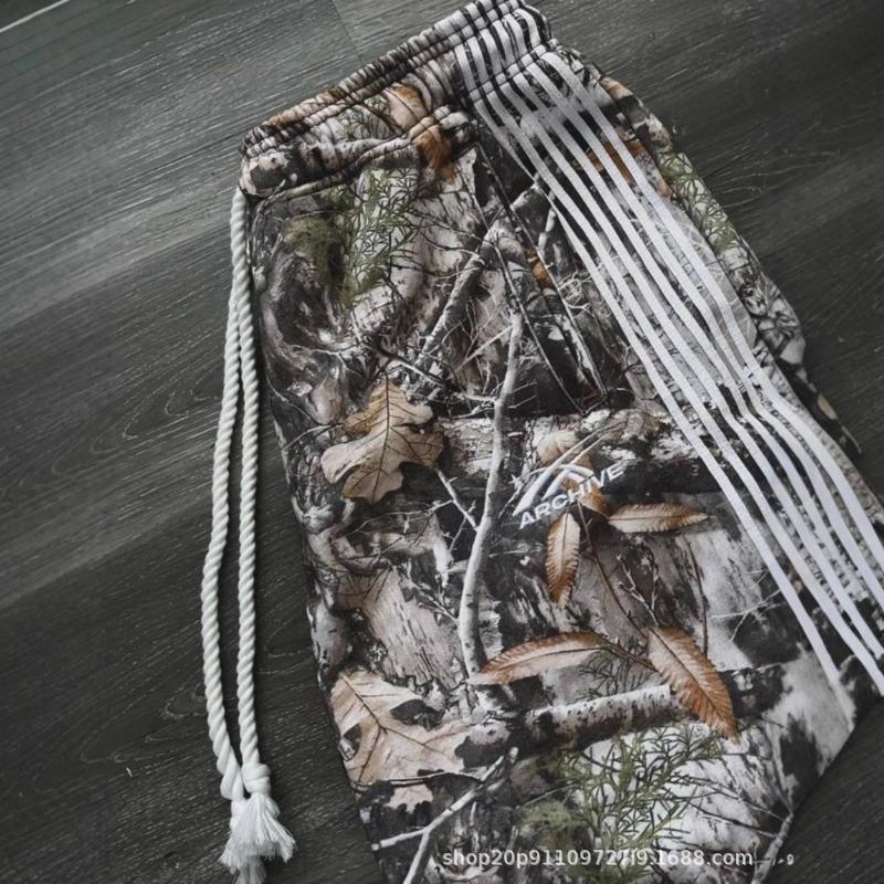 Vintage High Street Overalls Leaf Camouflage Functional Chinese Cotton Striped Wide Leg Pants Loose Casual Pants