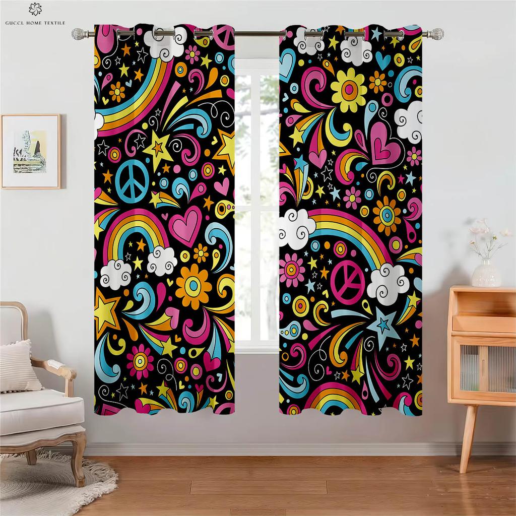 Blackout Heat Insulation Drapes Rainbow Shiny Color Gradient Print Kids Bedroom Living Room Study Decorationation