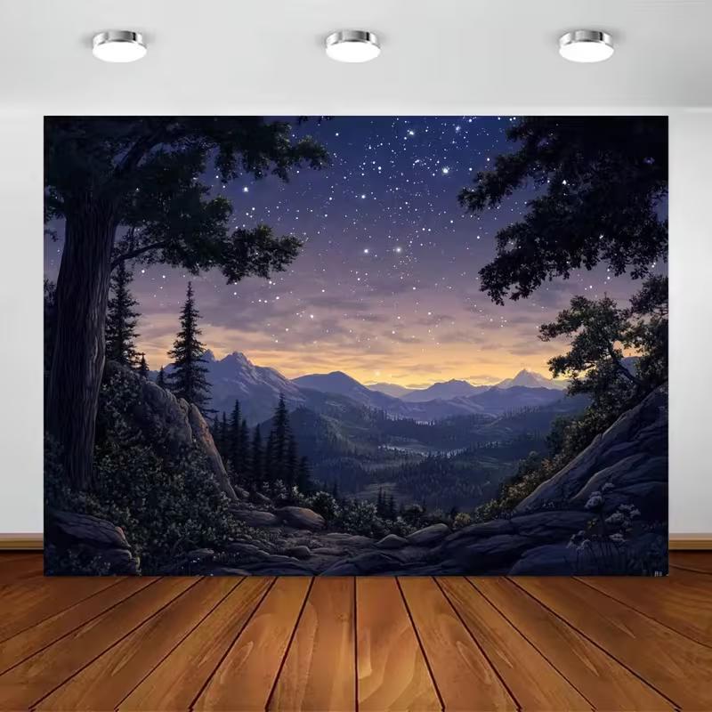 2D Night Mountain Tapestry Starry Sky Forest Sunset Scenery Wall Art