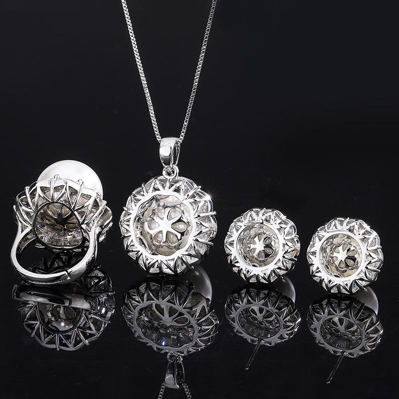 Jewelry Inlaid White Beads Handmade Diamond Inlaid Ring Pendant Stud Earrings Set 16Mm12Mm