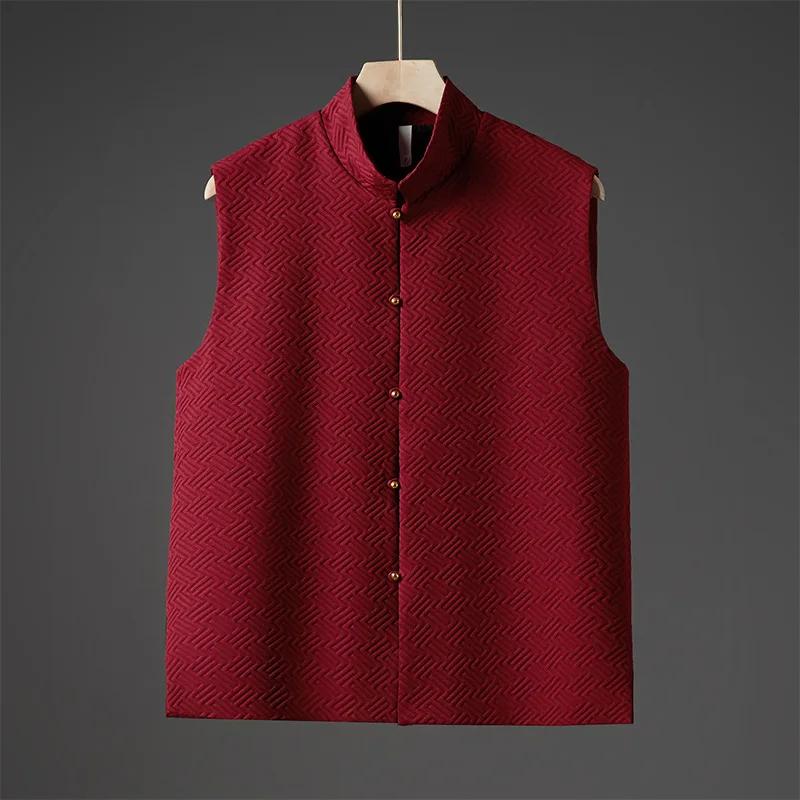 

Китайская куртка-жилет Тан с воротником-стойкой без рукавов, осенняя, национальная мода, повседневная, с геометрическим жаккардом, медный ле L красный