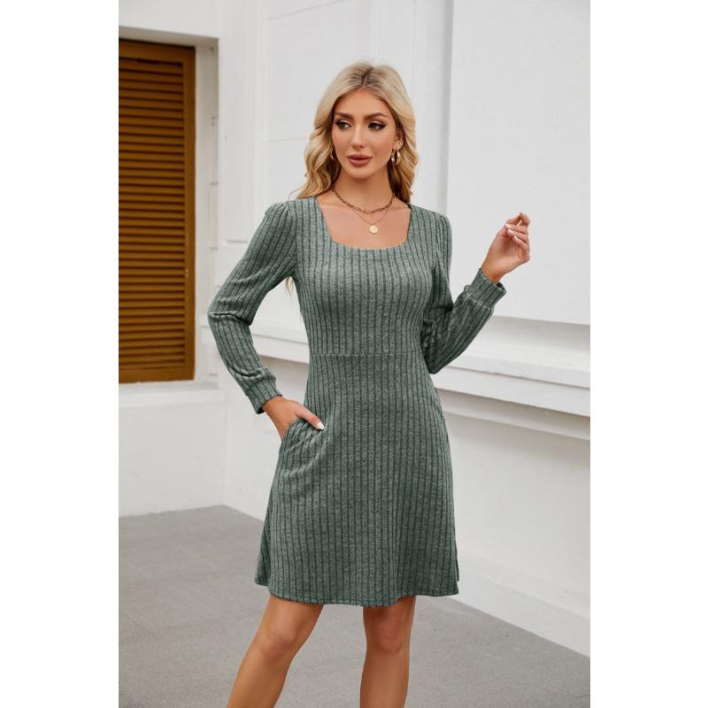 Summer New Product Square Neckline Bag Knitted Sweater Long-sleeved Casual Dress Female YDJR6666