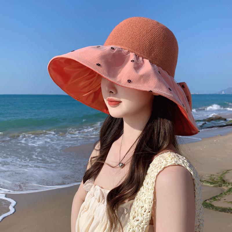 Color glue hat women's mesh bucket hat bow sunscreen sun hat summer mesh breathable sun hat