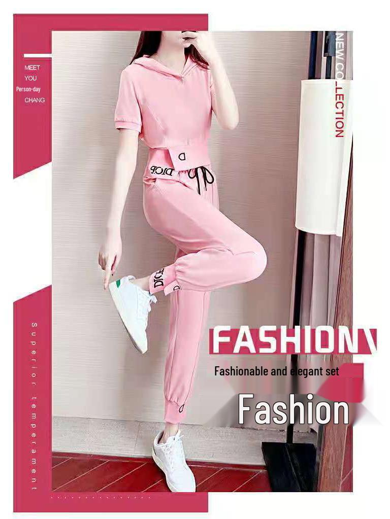 2023 Korean-Style Women's Casual Summer Two-Piece Set: Short Sleeve Top & Jogger Pants