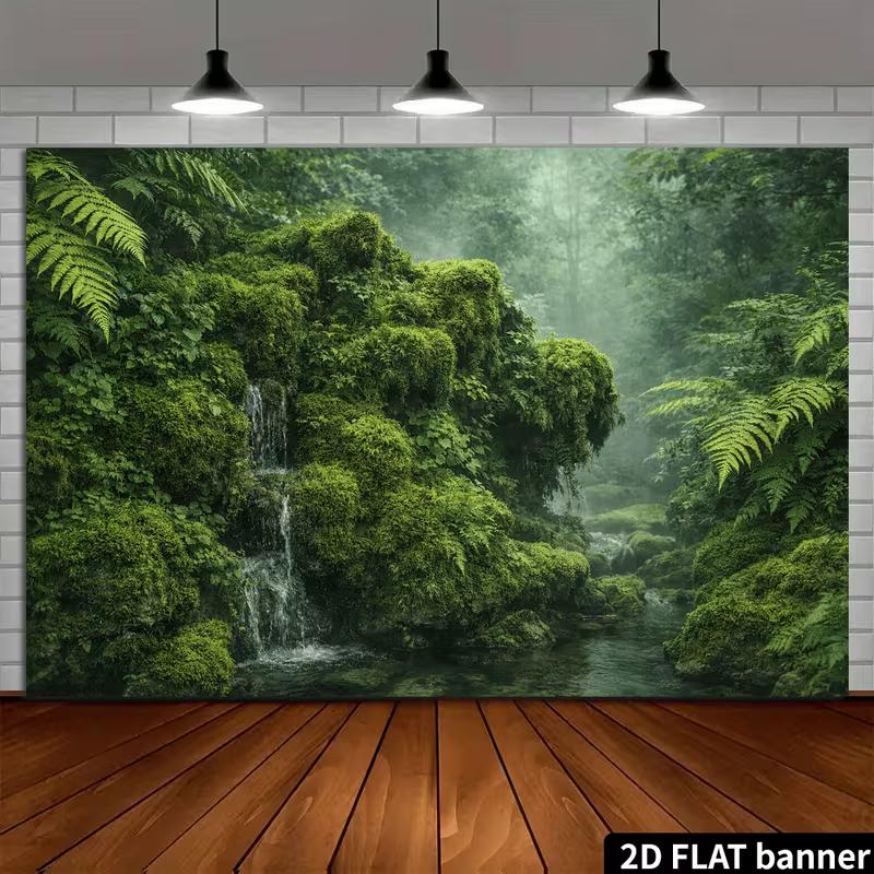 2D Enchanted Mossy Waterfall In Tropical Forest Backdrop Photo Background