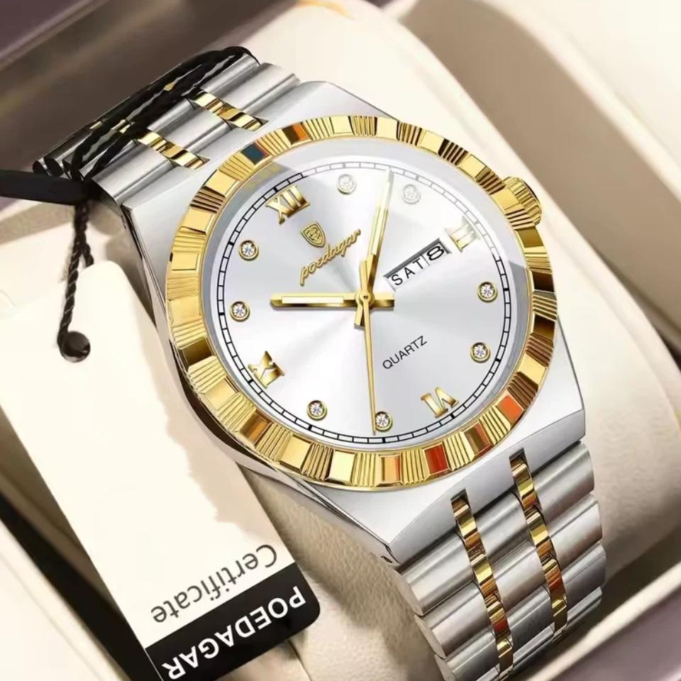 POEDAGAR Luxury Business Male Watch Waterproof Luminous Week Date Wristwatch Stainless Steel Trendy Quartz Watches for Men