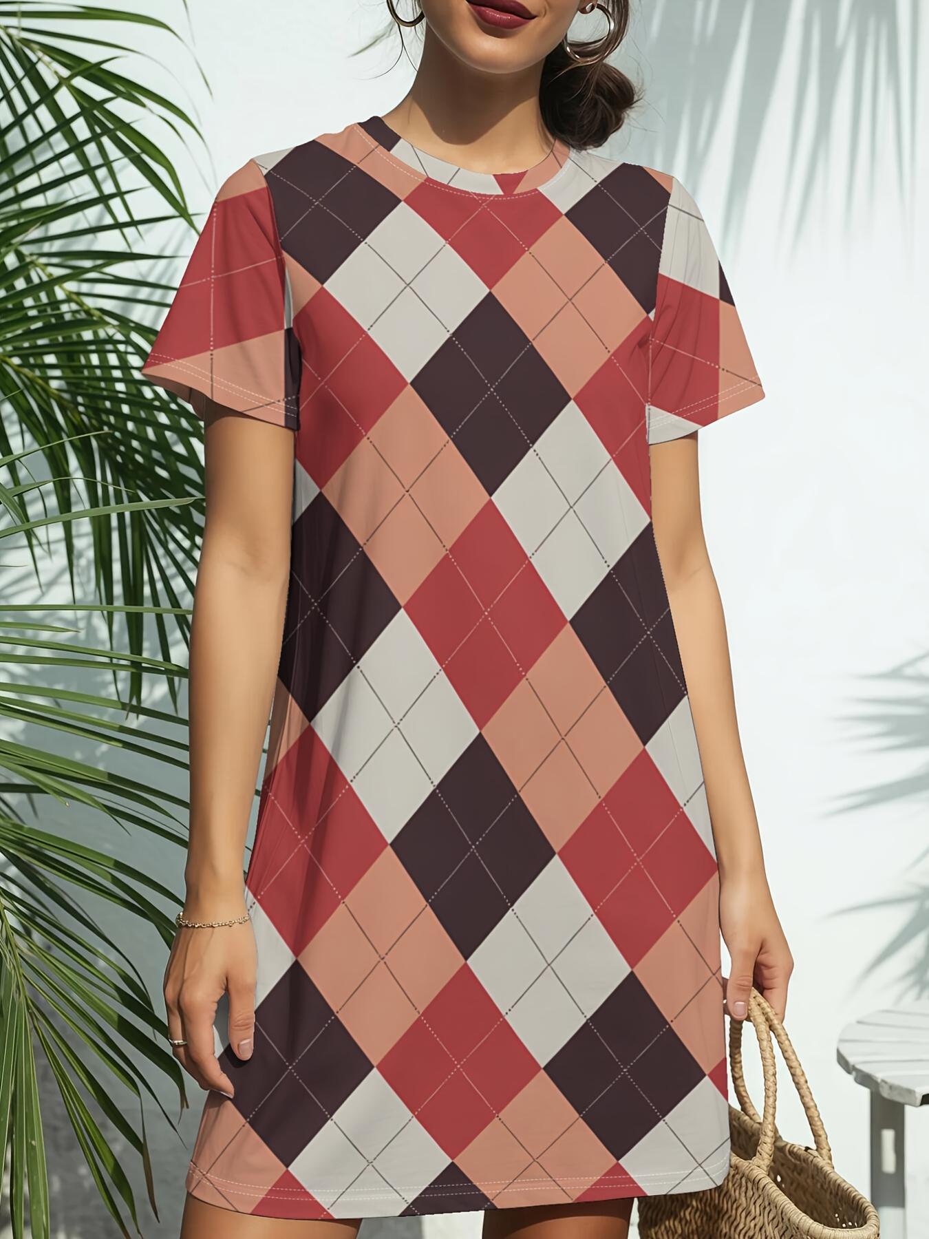 

Women s Short Sleeve T-Shirt Dress with Multi-Diamond Print - Crew Neck Casual Dress Suitable for Daily Wear. Outfits ; Gifts. Spring Summer Short Dre 3XL