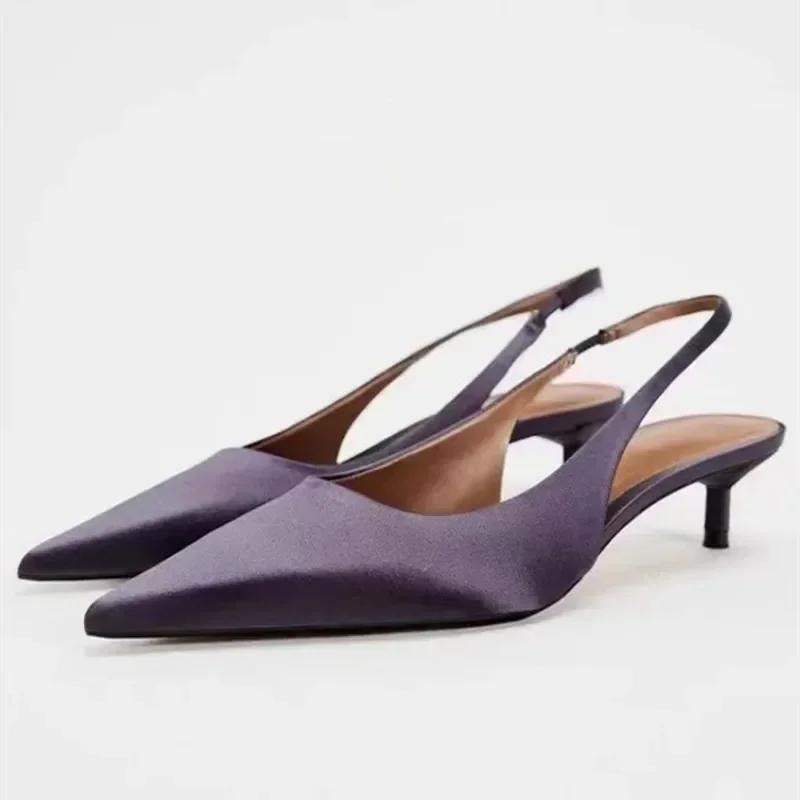 Fashion Elegant Purple Satin Low Heel Women Pumps Sexy Pointed Toe High Heels for Women Hollow Back Strap Mules Fashion Party Dress Shoe