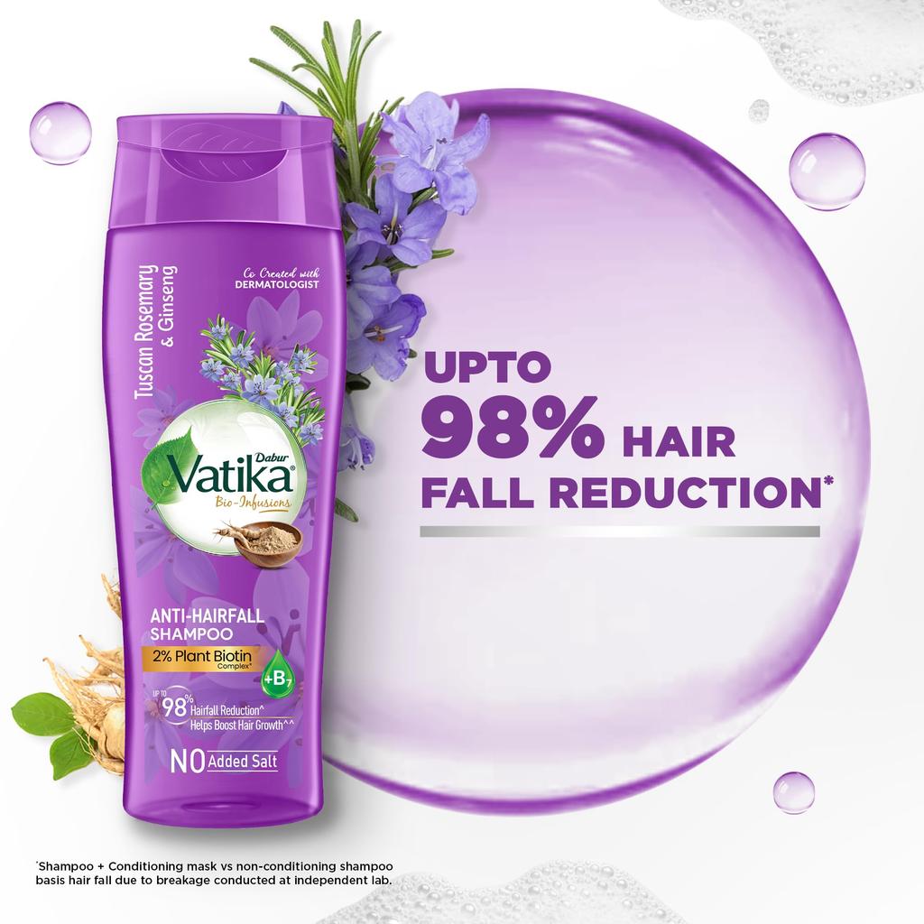 Vatika Bio-Infusions Anti Hairfall Shampoo | Tuscan Rosemary & Ginseng | 2% Plant Biotin + Vitamin B7 | 98% Reduction In Hairfall | Boost Hair Grow