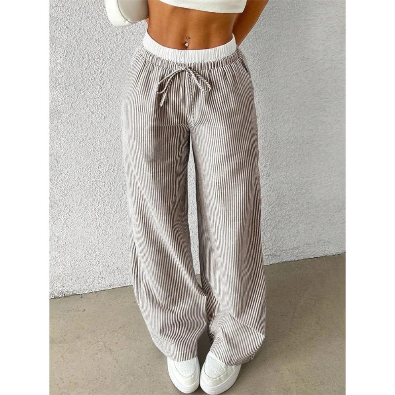 Women's Casual Striped Woven Wide Leg Pants Fall Winter 2024 Casual Stylish Full Length Trousers Y2K Clothes Streetwear