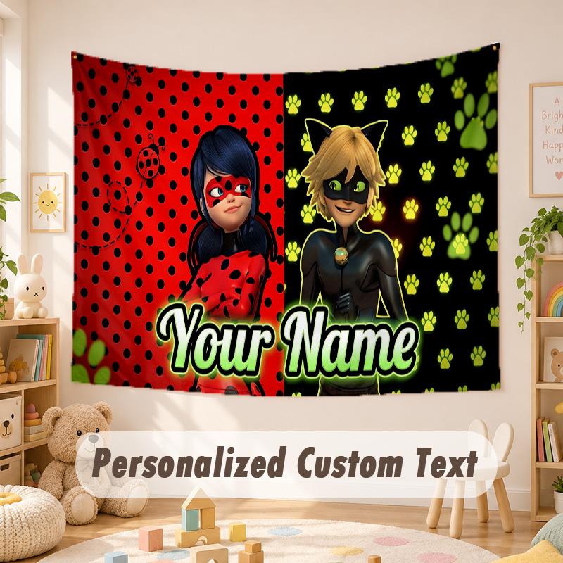 Custom Name Text Tapestry,Miraculous Ladybug Boho Wall Hanging, Decorative Backdrop Tapestry For Room