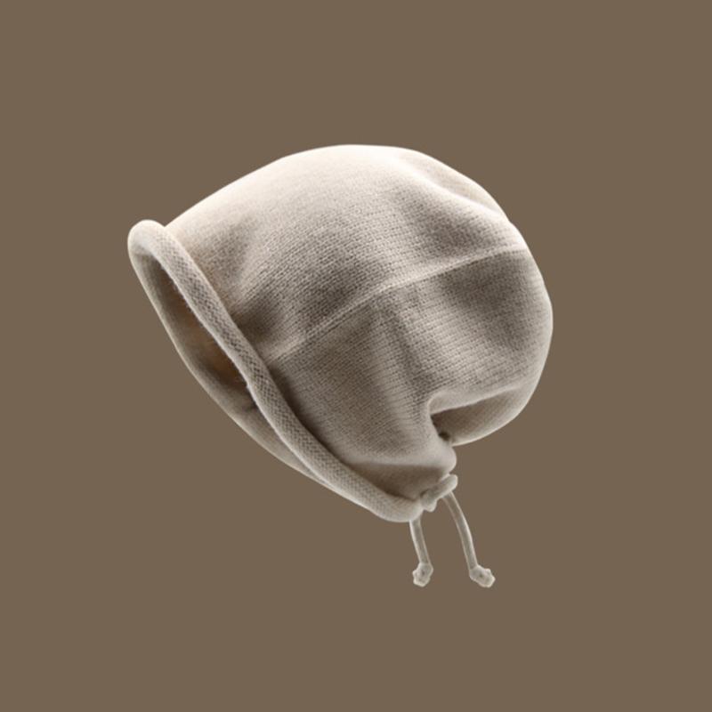 Autumn And Winter Pile Hat With Curled Brim And All-Match Warm Cold Hat With Large Head Knitted Drawstring Hat For Women