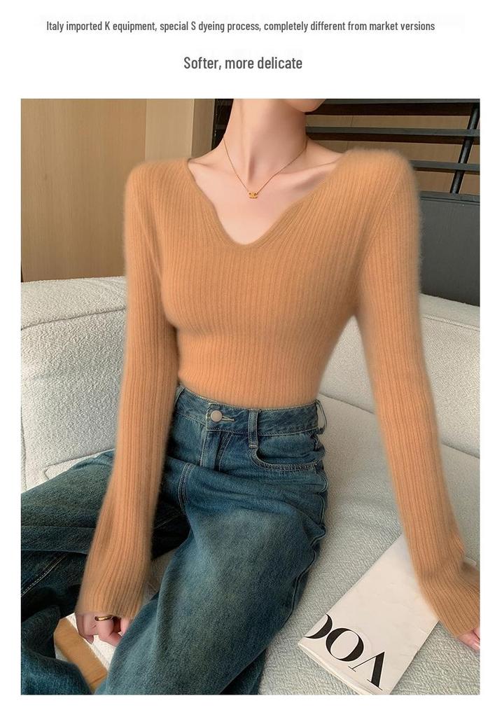 Women's Slimming Ribbed Wool V-neck Cashmere Sweater: Solid Color, Long Sleeve, Casual Knitwear