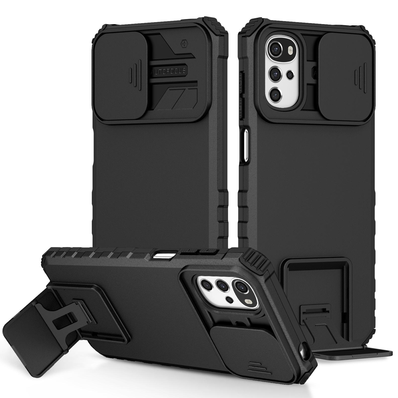 

For Motorola Moto E32 4G/Moto G22 Slide Lens Shield PC+TPU Phone Cover Kickstand Back Case Black