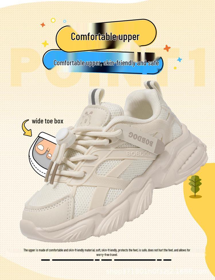 Bobdog Boys' Mesh & Leather Sneakers - Soft Sole Sports Shoes for Kids (Spring/Autumn)