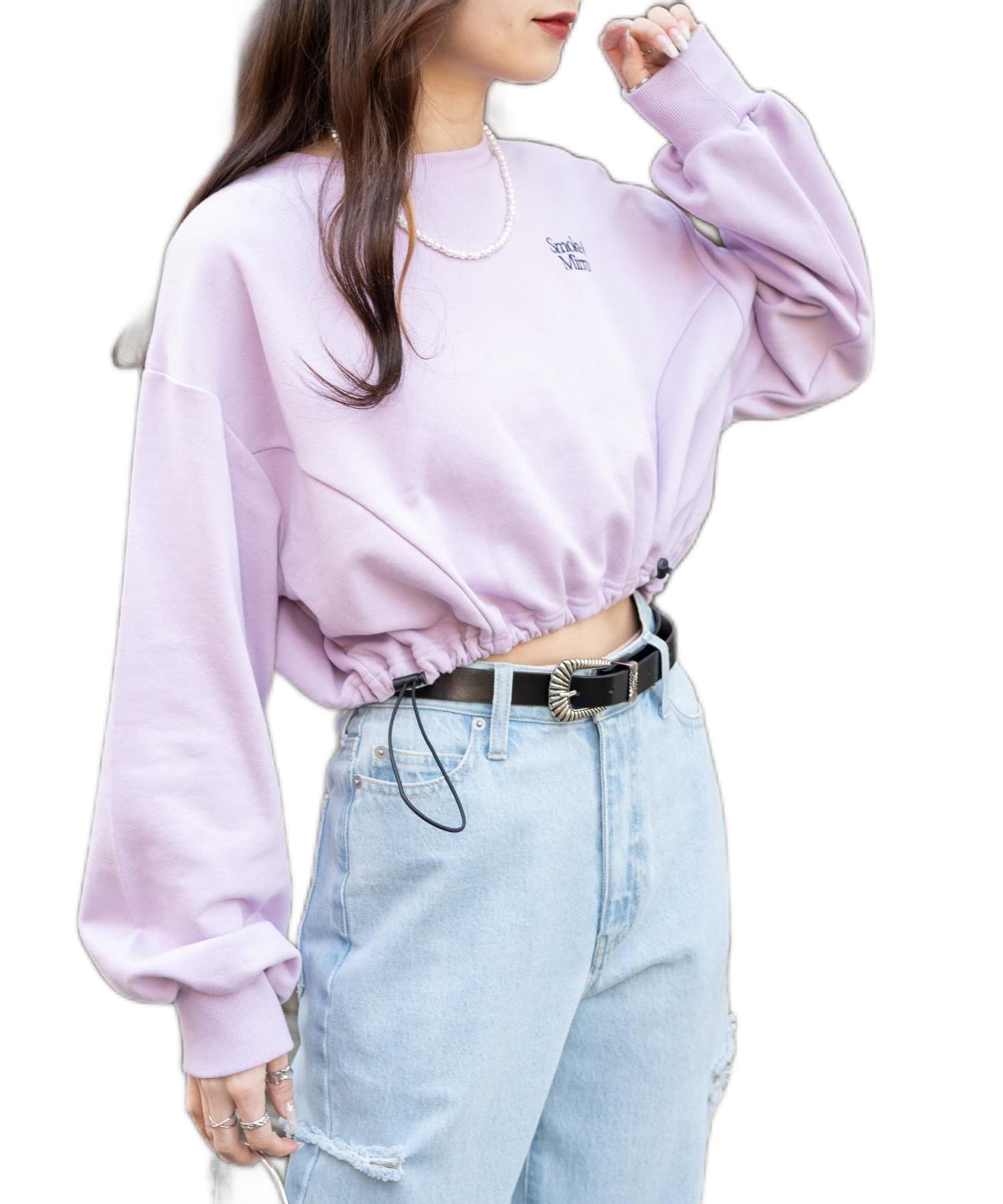 

WEGO Side Drawstring Short Mini Length Compact Sweatshirt Top with Long Korean Light Purple Women s Sleeves, Style, Girly, Casual, Spring, Autumn,
