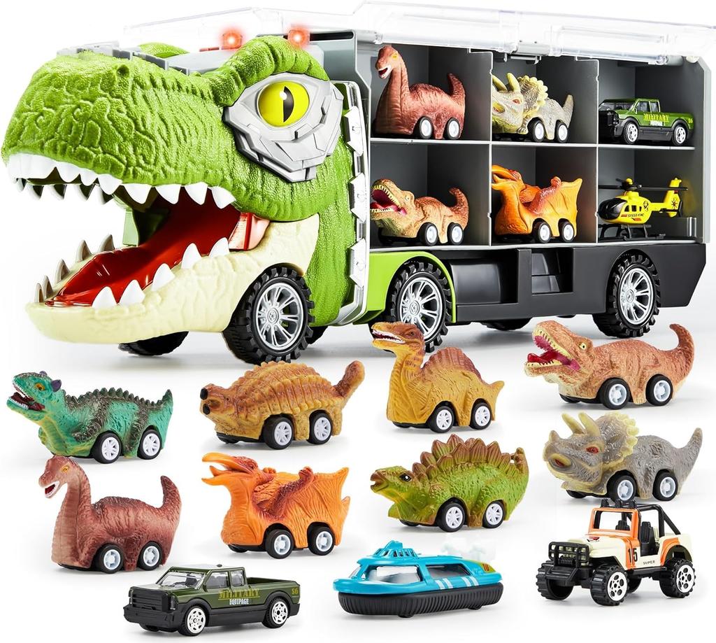 JOYFY 13 in 1 Dinosaur Transport Truck Toys with 12 Pull Back Cars Small Cars Set for 3+ Years Boy Birthday Christmas Gifts Toys