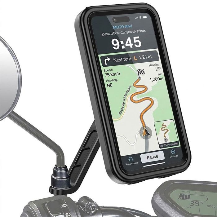 Suporte de Telefone para Moto no Retrovisor, Anti-Vibração Ajustável Rotativo 360° à Prova d'Água - Preto
