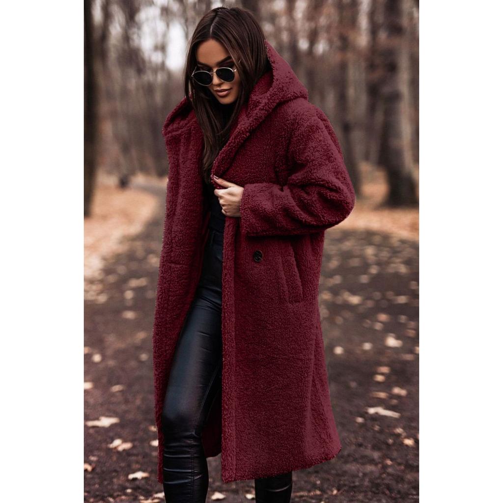 Damen Kapuzen Langarm Teddy Mantel Lockerer Schnitt Alpaka Fleece Tasche Winter Freizeit Übermantel
