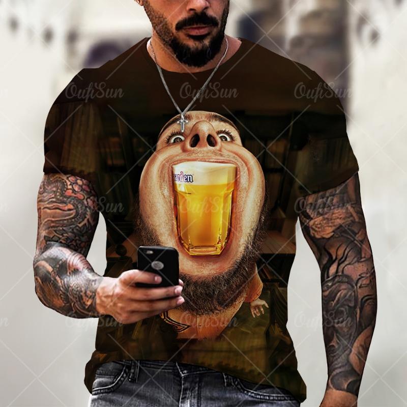 

Beer 3D Print Men s T-Shirts Summer Polyester O-Neck Breathable Short Sleeve Loose XXS