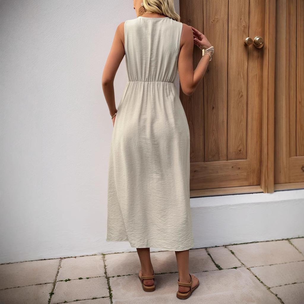 Einfarbiges V-Ausschnitt Rock Lässiges Ärmelloses Plissee-Taschenkleid